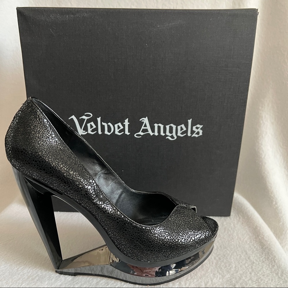 Velvet Angels Optima Leather Peep Toe Platform Stilettos